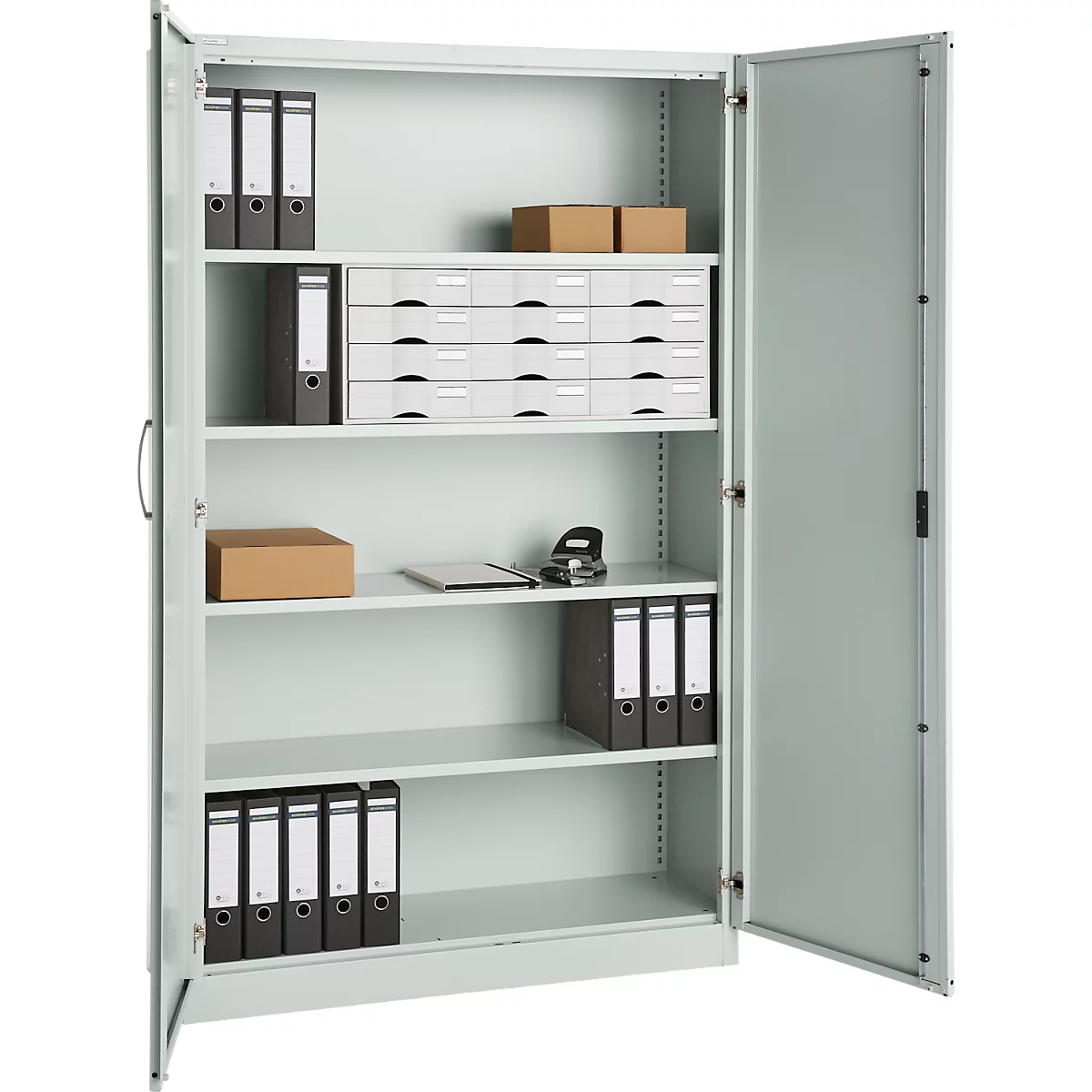 Büroschrank, 5 OH, abschließbar, mit aufliegenden Türen, B 1200 mm, Lichtgrau