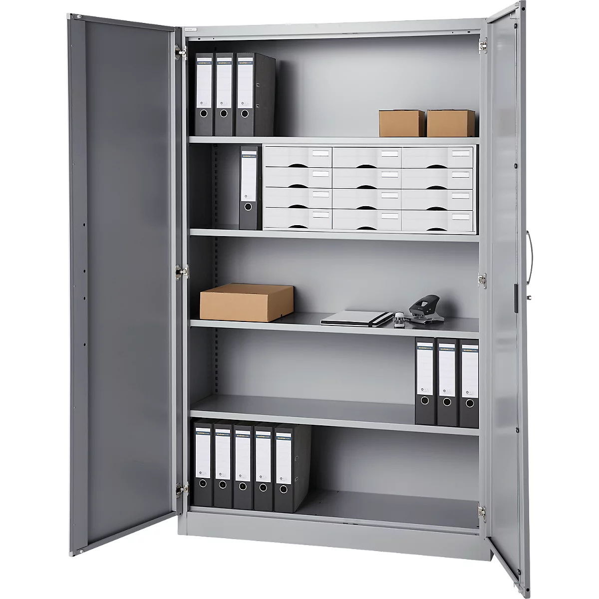 Büroschrank, 5 OH, abschließbar, mit aufliegenden Türen, B 1200 mm, Weißalu