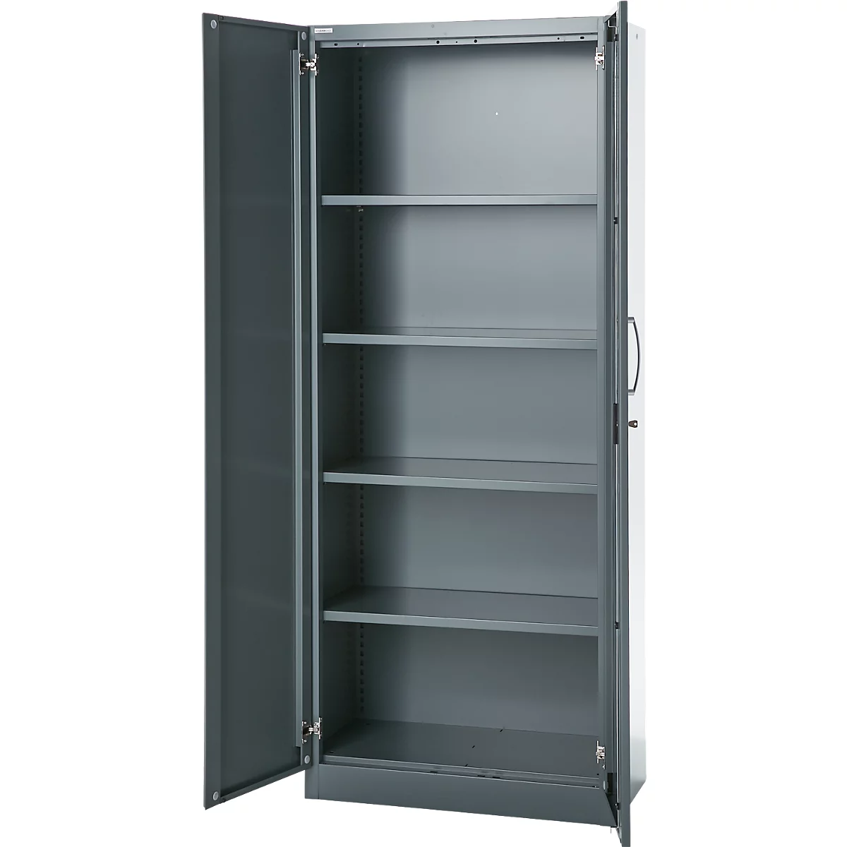 Büroschrank, 5 OH, abschließbar, mit aufliegenden Türen, B 800 mm, Basaltgrau