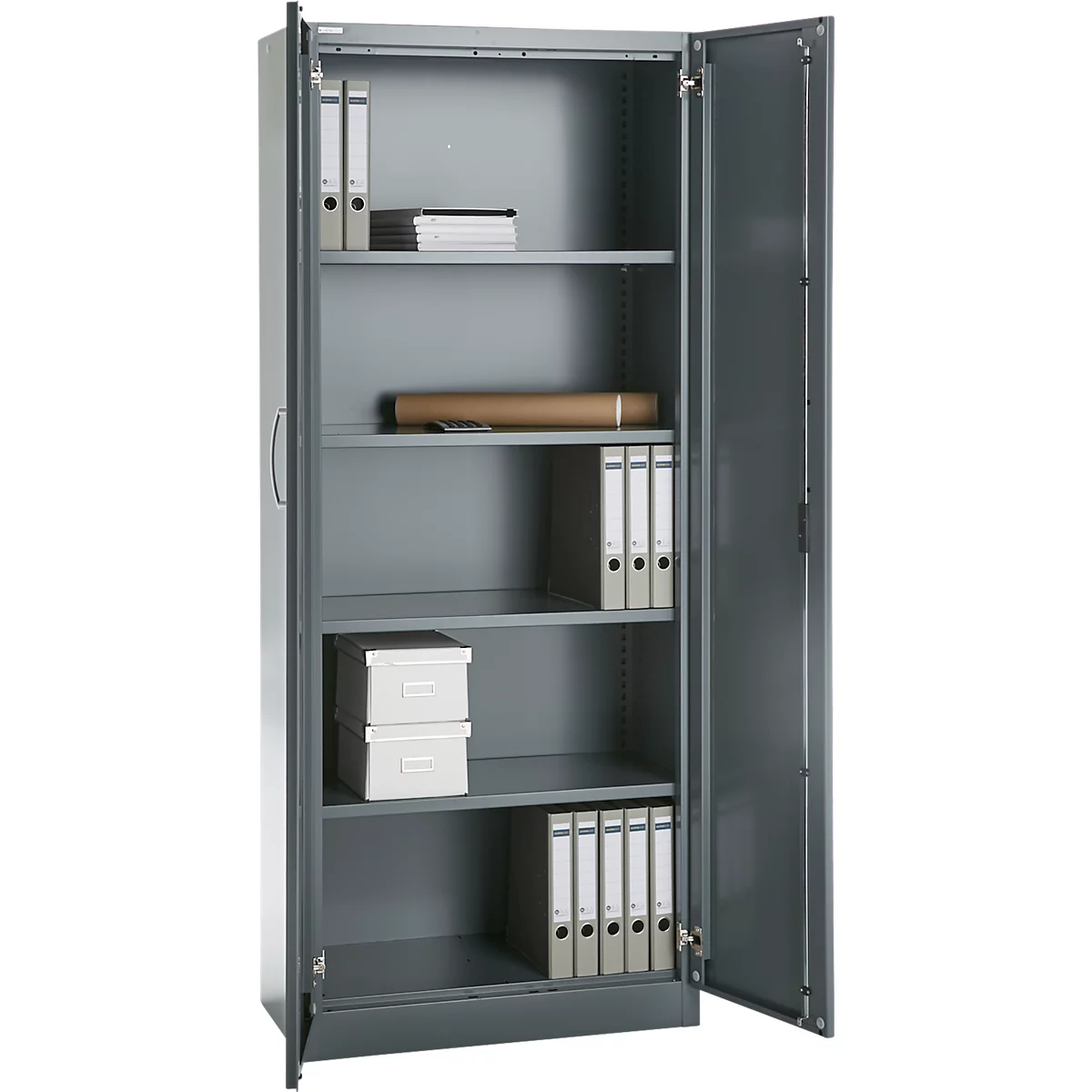 Büroschrank, 5 OH, abschließbar, mit aufliegenden Türen, B 800 mm, Basaltgrau