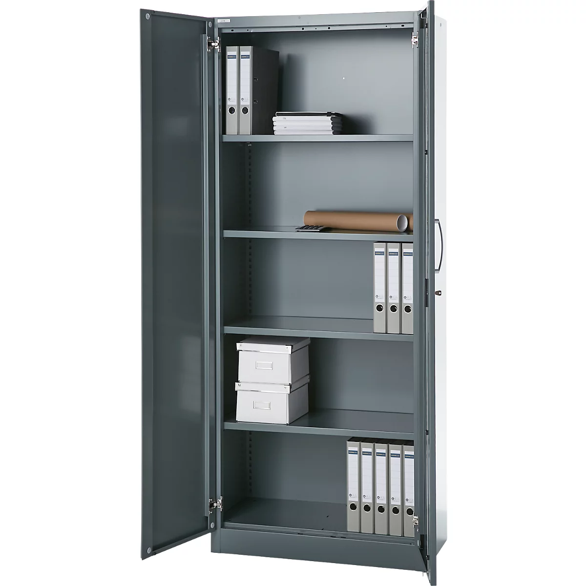 Büroschrank, 5 OH, abschließbar, mit aufliegenden Türen, B 800 mm, Basaltgrau