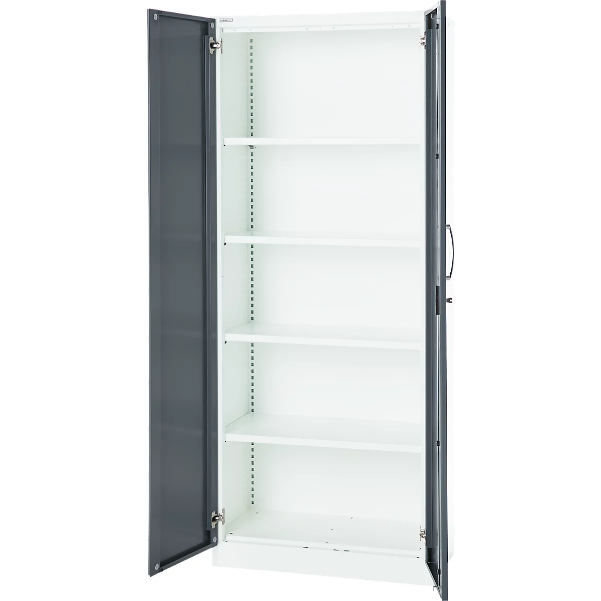 Büroschrank, 5 OH, abschließbar, mit aufliegenden Türen, B 800 mm, Basaltgrau/Verkehrsweiß
