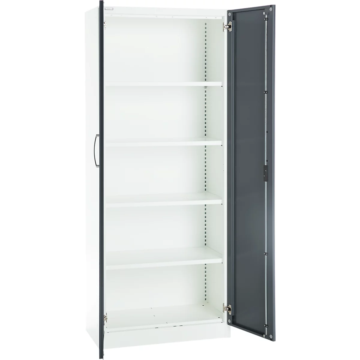 Büroschrank, 5 OH, abschließbar, mit aufliegenden Türen, B 800 mm, Basaltgrau/Verkehrsweiß