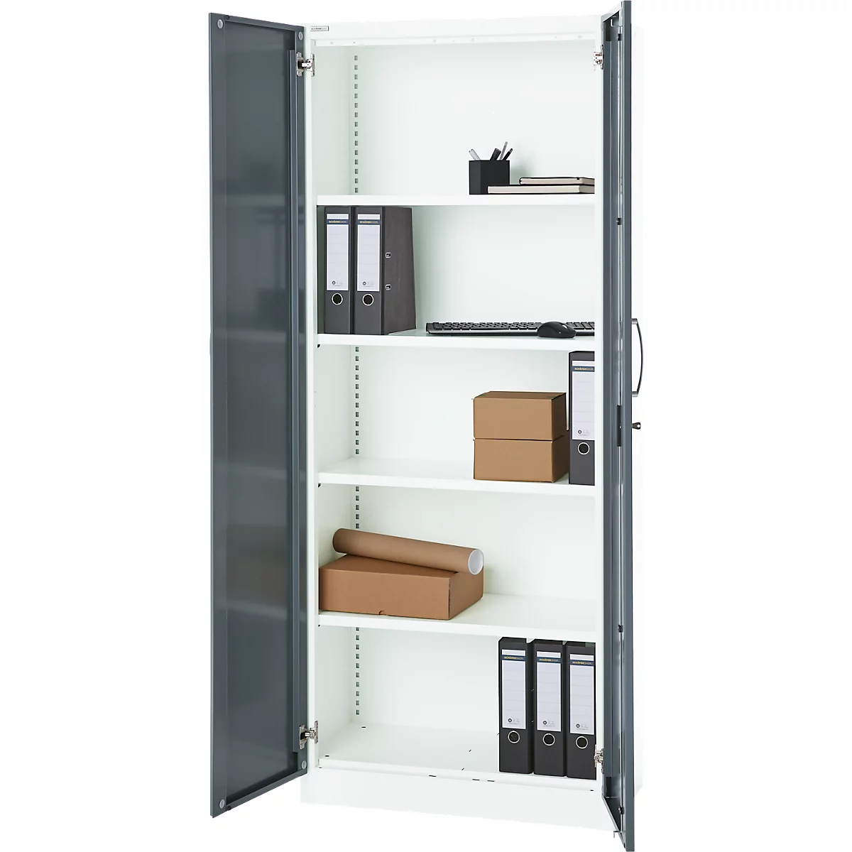 Büroschrank, 5 OH, abschließbar, mit aufliegenden Türen, B 800 mm, Basaltgrau/Verkehrsweiß