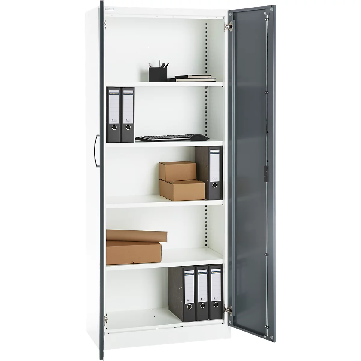 Büroschrank, 5 OH, abschließbar, mit aufliegenden Türen, B 800 mm, Basaltgrau/Verkehrsweiß