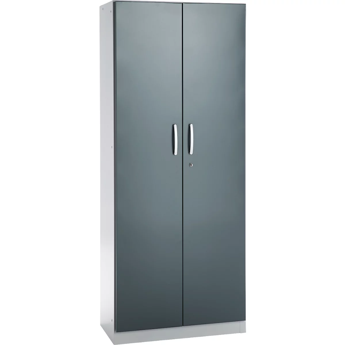 Büroschrank, 5 OH, abschließbar, mit aufliegenden Türen, B 800 mm, Basaltgrau/Weißalu