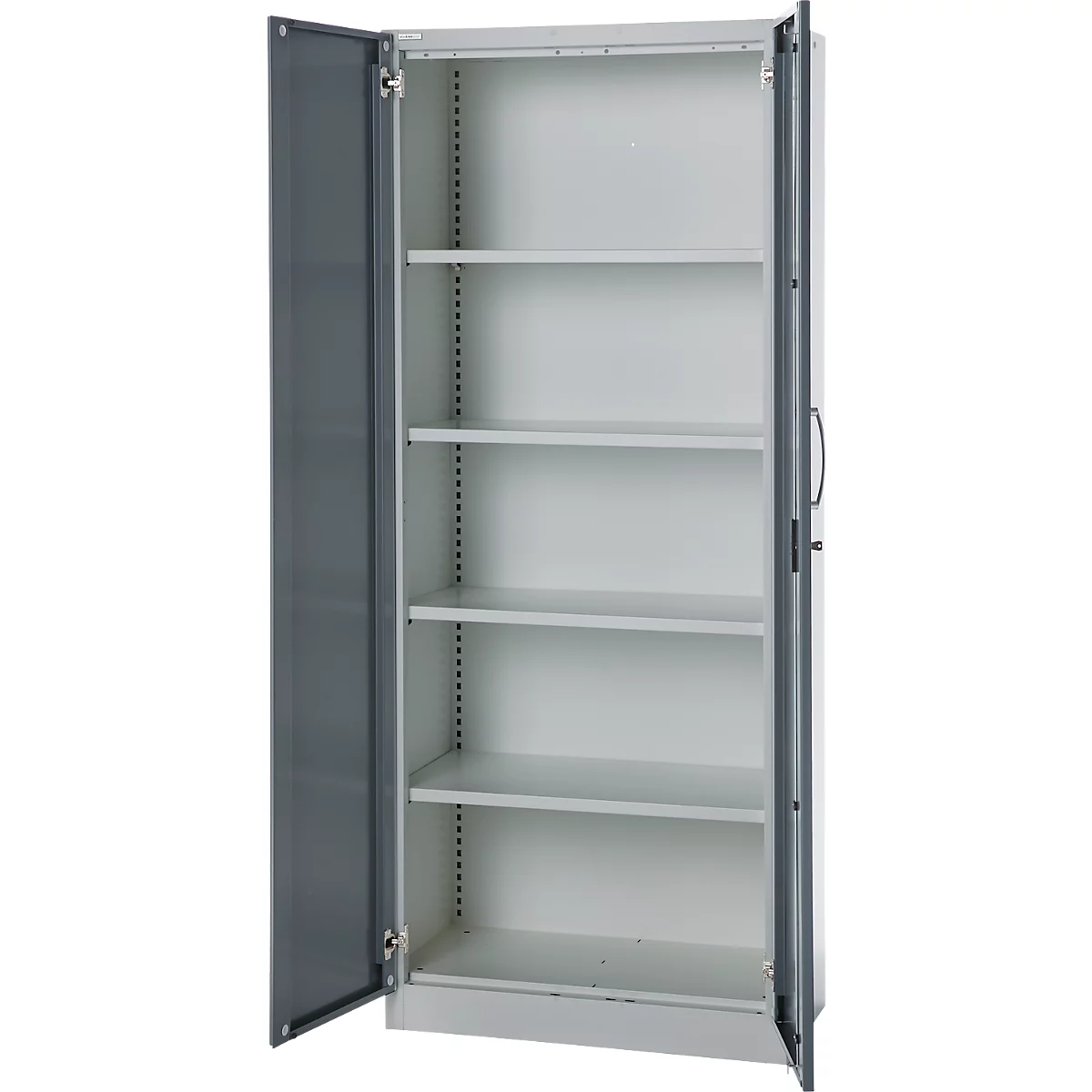 Büroschrank, 5 OH, abschließbar, mit aufliegenden Türen, B 800 mm, Basaltgrau/Weißalu