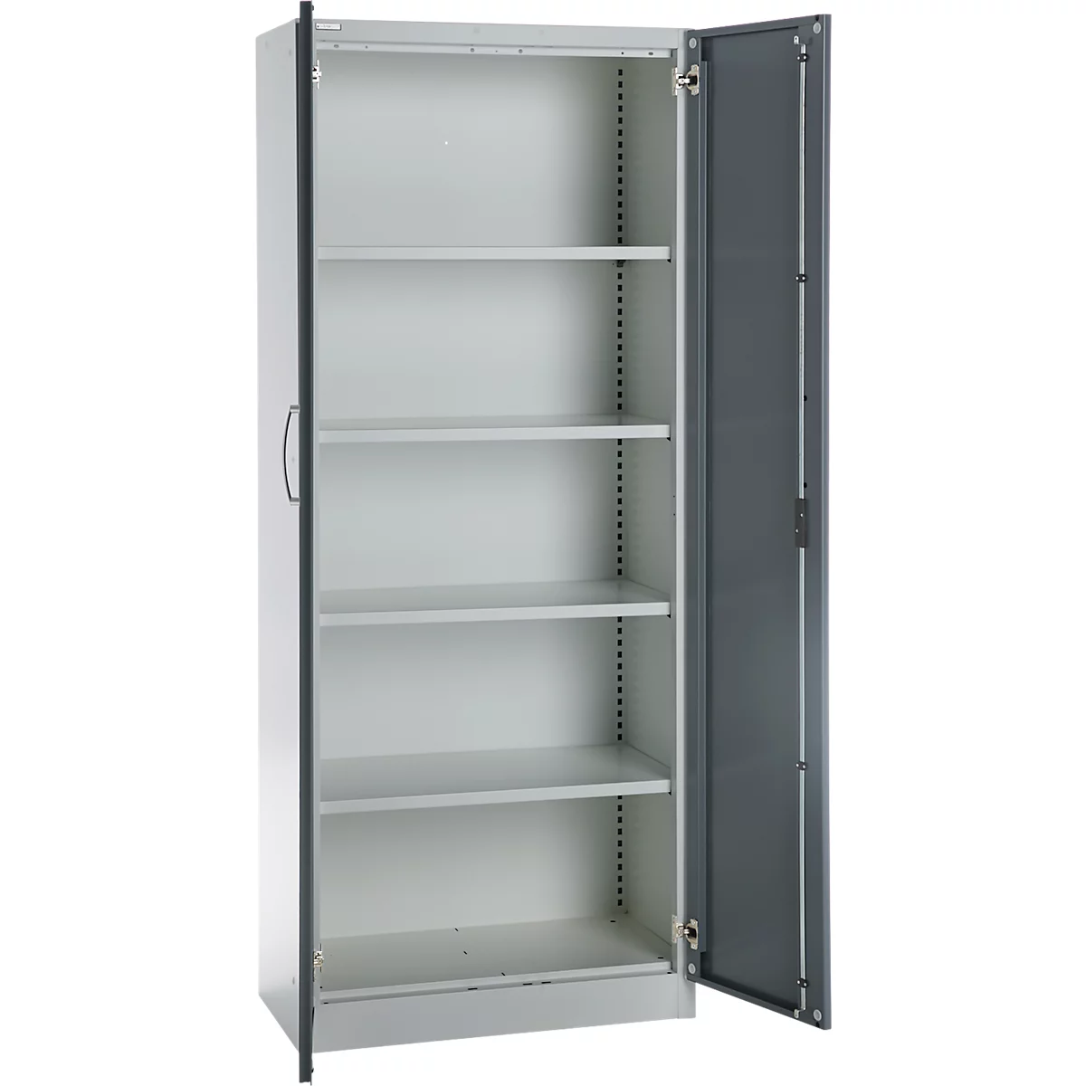Büroschrank, 5 OH, abschließbar, mit aufliegenden Türen, B 800 mm, Basaltgrau/Weißalu