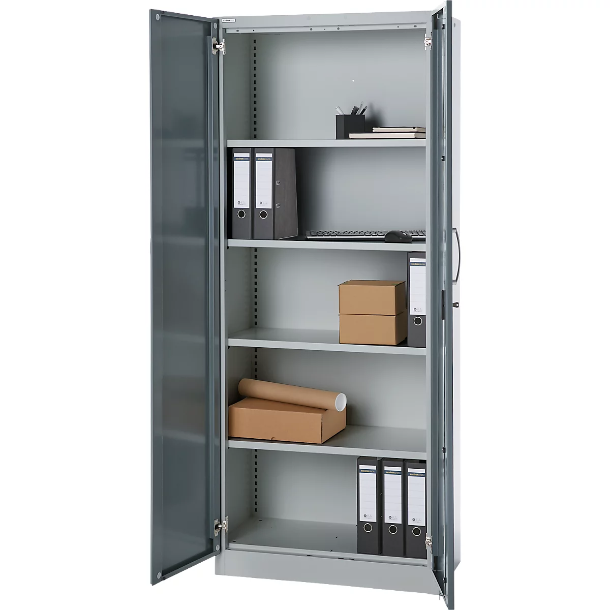 Büroschrank, 5 OH, abschließbar, mit aufliegenden Türen, B 800 mm, Basaltgrau/Weißalu