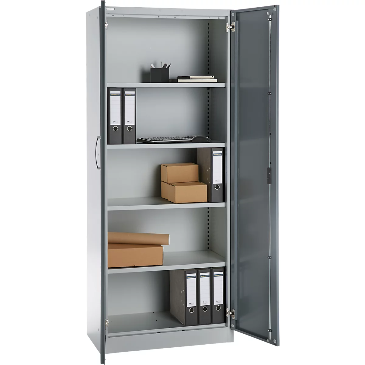 Büroschrank, 5 OH, abschließbar, mit aufliegenden Türen, B 800 mm, Basaltgrau/Weißalu