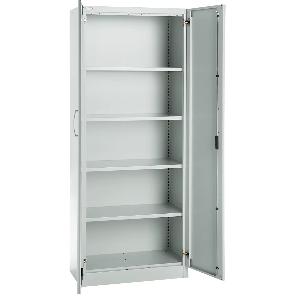 Büroschrank, 5 OH, abschließbar, mit aufliegenden Türen, B 800 mm, Lichtgrau