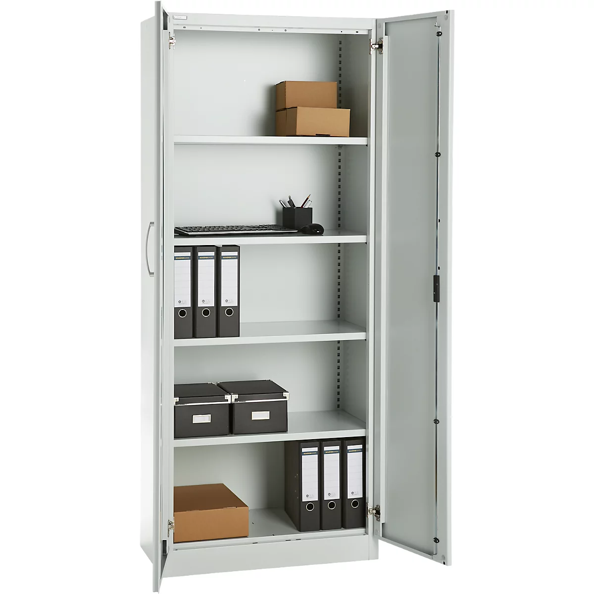 Büroschrank, 5 OH, abschließbar, mit aufliegenden Türen, B 800 mm, Lichtgrau