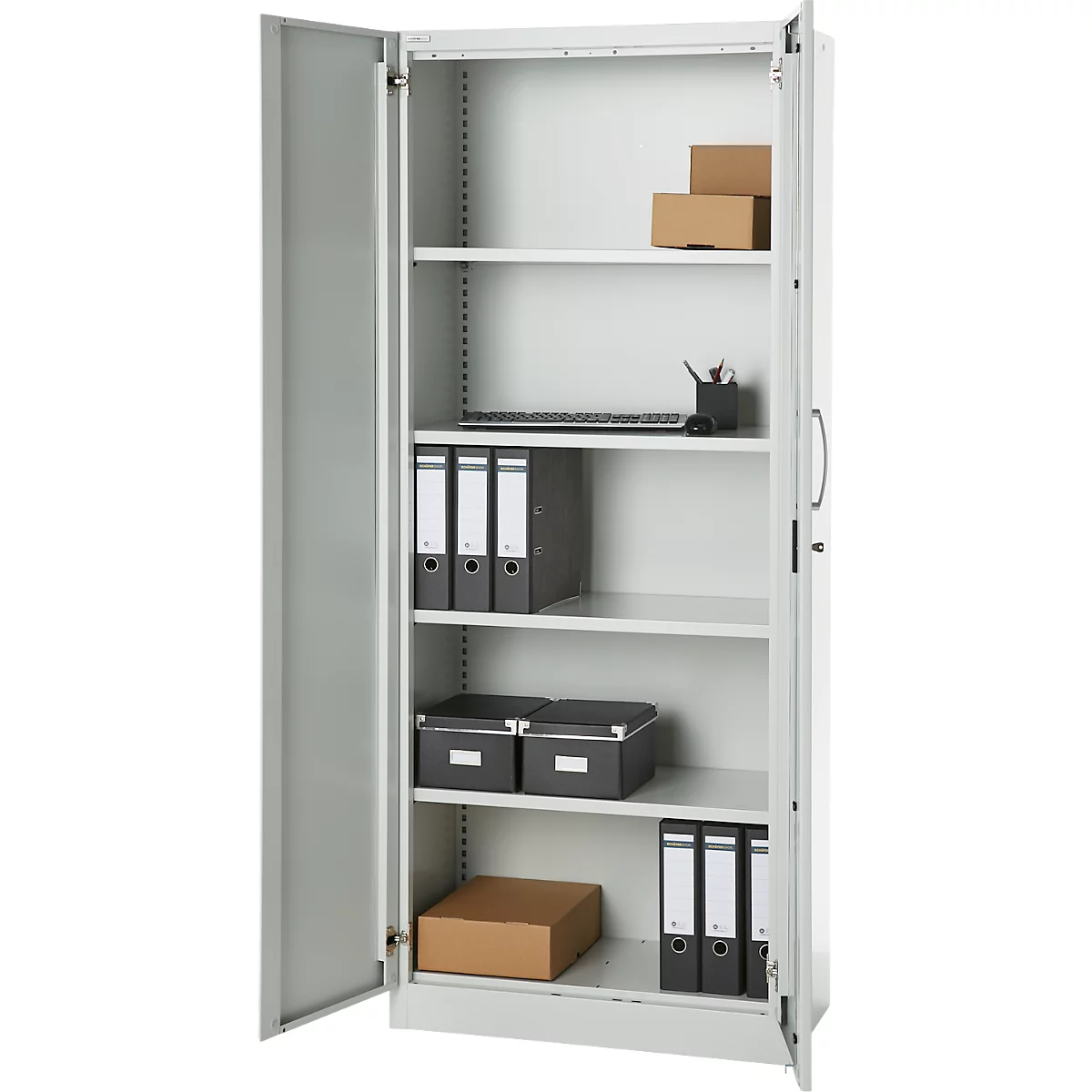 Büroschrank, 5 OH, abschließbar, mit aufliegenden Türen, B 800 mm, Lichtgrau