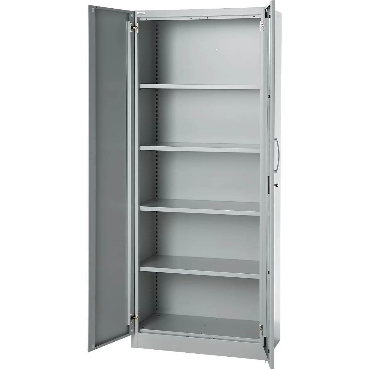 Büroschrank, 5 OH, abschließbar, mit aufliegenden Türen, B 800 mm, Weißalu