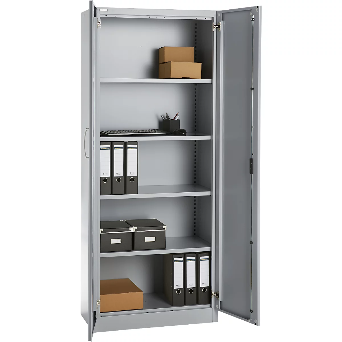 Büroschrank, 5 OH, abschließbar, mit aufliegenden Türen, B 800 mm, Weißalu