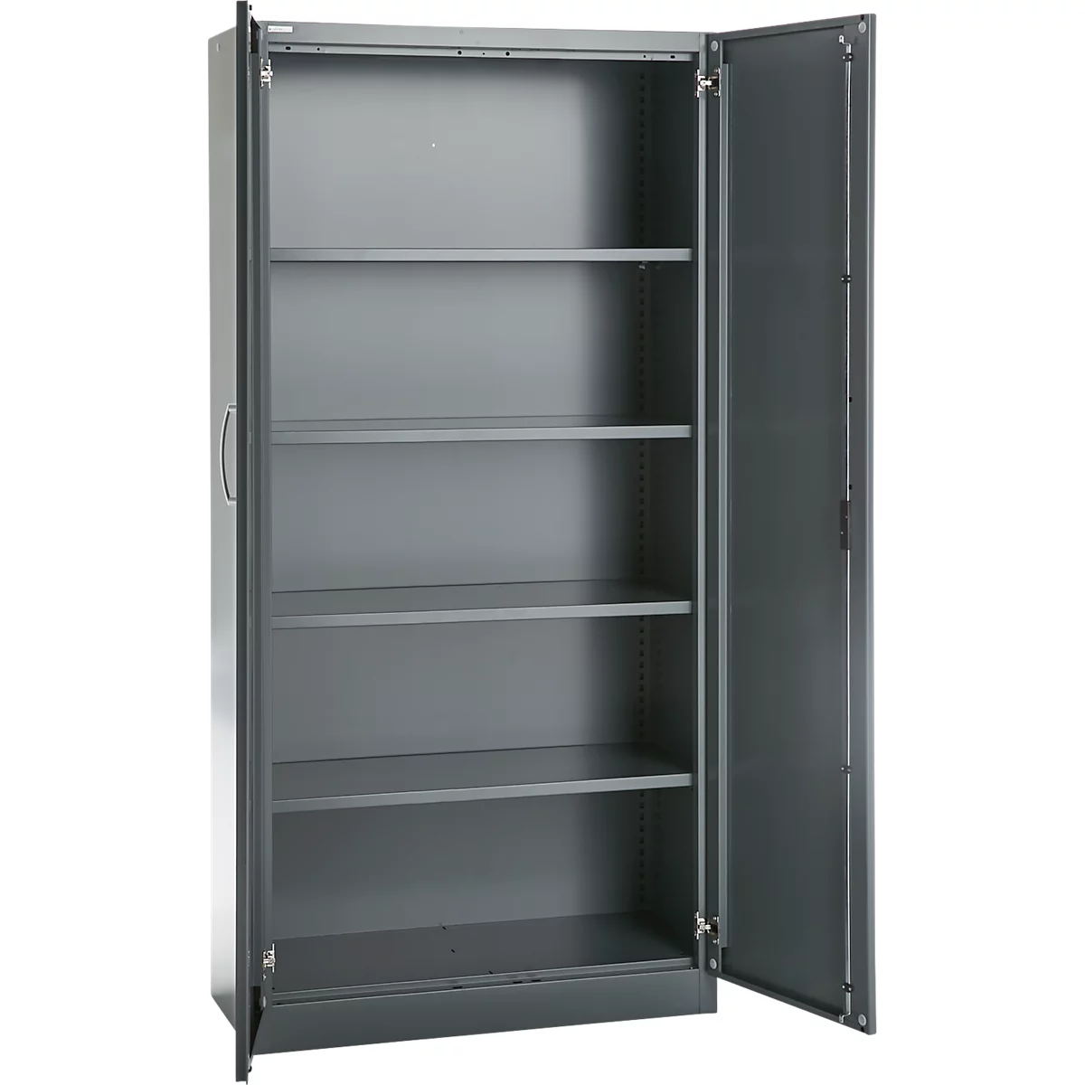 Büroschrank, 5 OH, abschließbar, mit aufliegenden Türen, B 950 mm, Basaltgrau