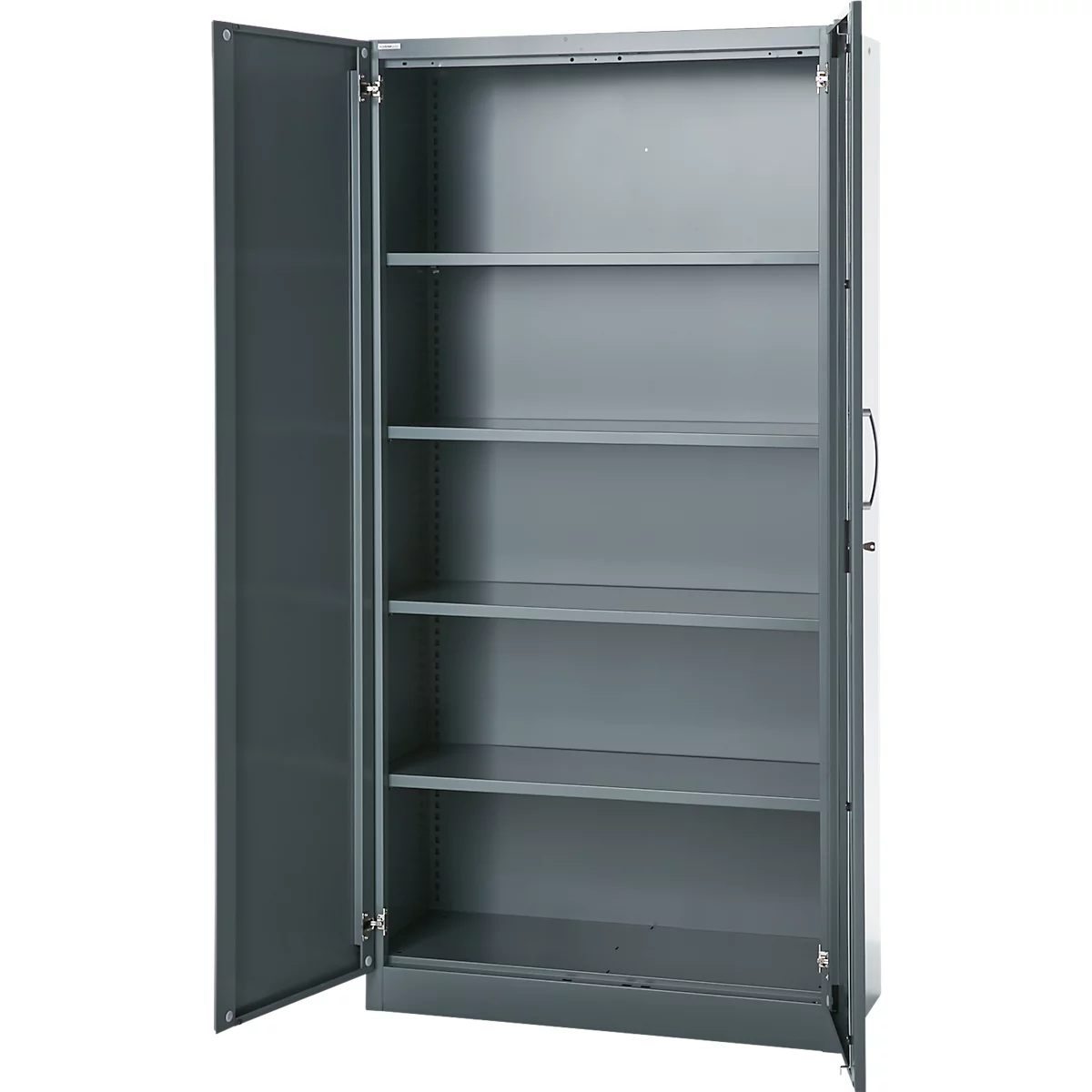 Büroschrank, 5 OH, abschließbar, mit aufliegenden Türen, B 950 mm, Basaltgrau