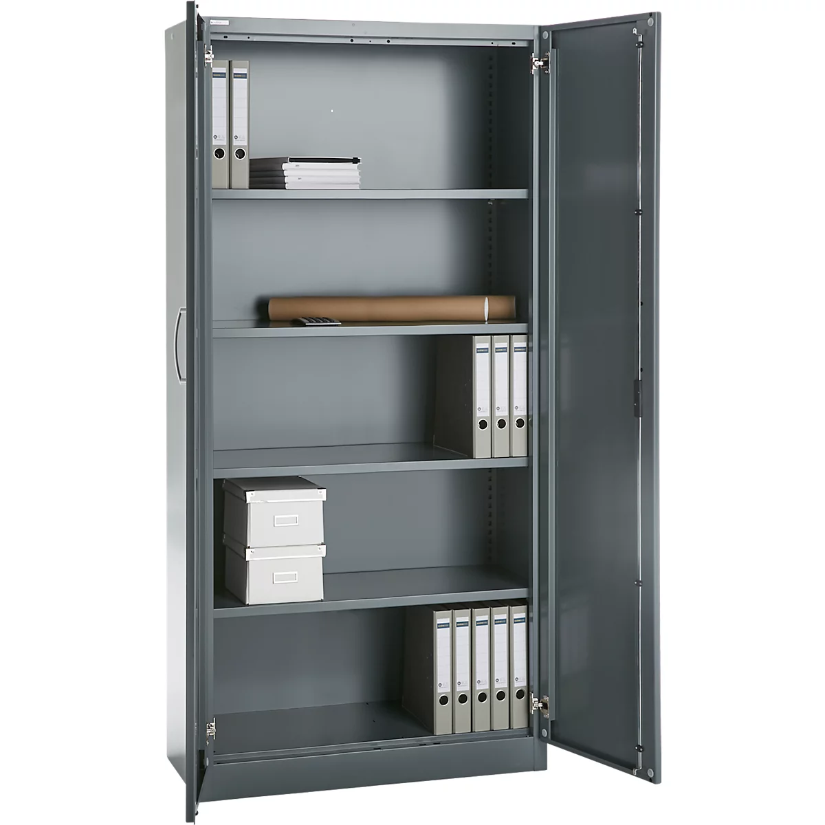 Büroschrank, 5 OH, abschließbar, mit aufliegenden Türen, B 950 mm, Basaltgrau