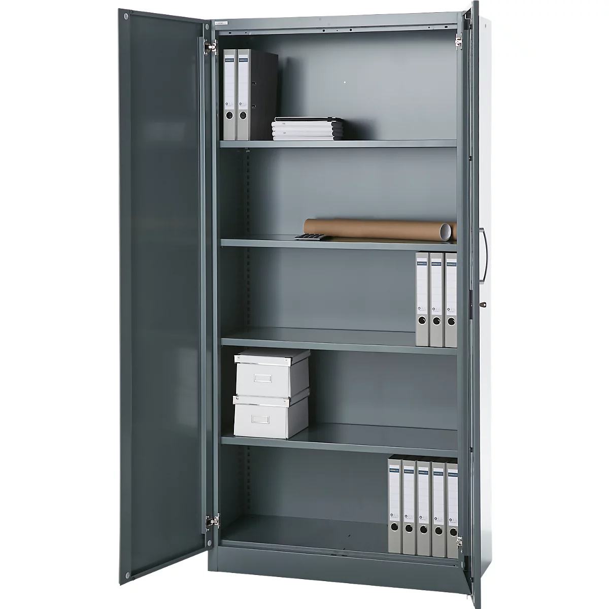 Büroschrank, 5 OH, abschließbar, mit aufliegenden Türen, B 950 mm, Basaltgrau