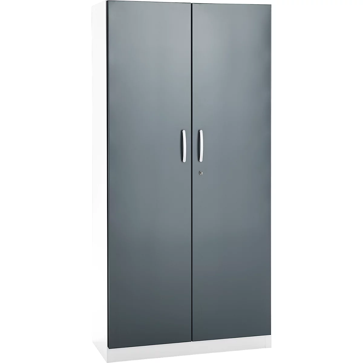 Büroschrank, 5 OH, abschließbar, mit aufliegenden Türen, B 950 mm, Basaltgrau/Verkehrsweiß