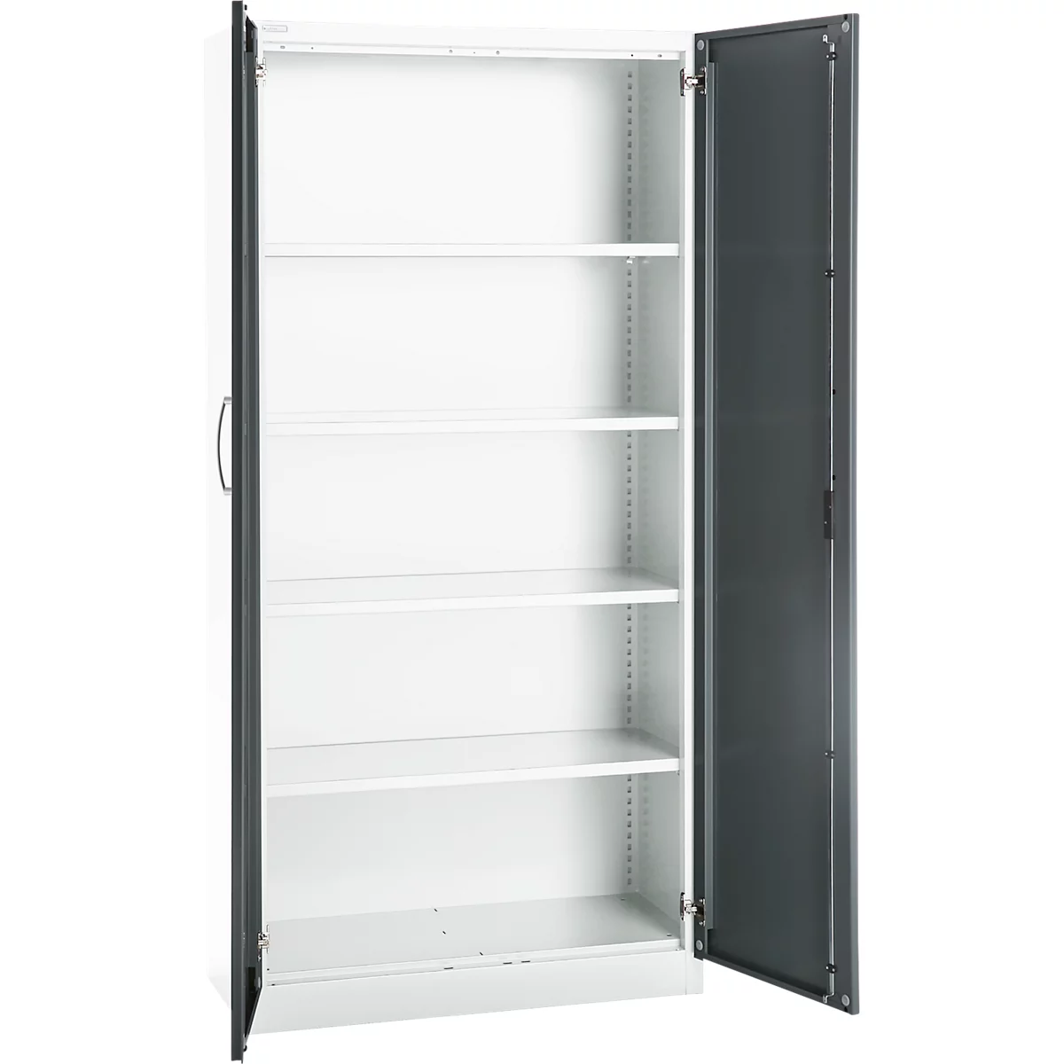 Büroschrank, 5 OH, abschließbar, mit aufliegenden Türen, B 950 mm, Basaltgrau/Verkehrsweiß