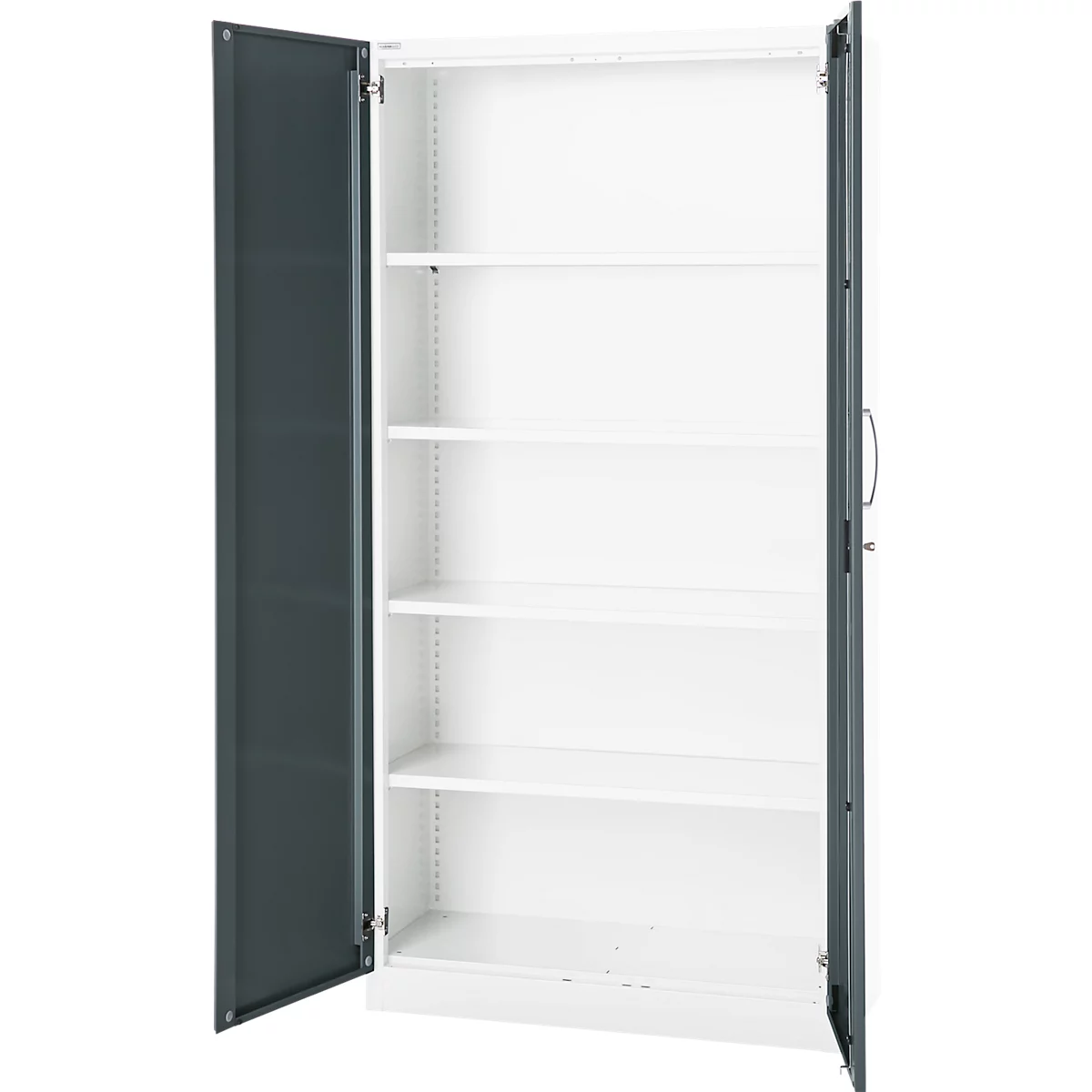 Büroschrank, 5 OH, abschließbar, mit aufliegenden Türen, B 950 mm, Basaltgrau/Verkehrsweiß