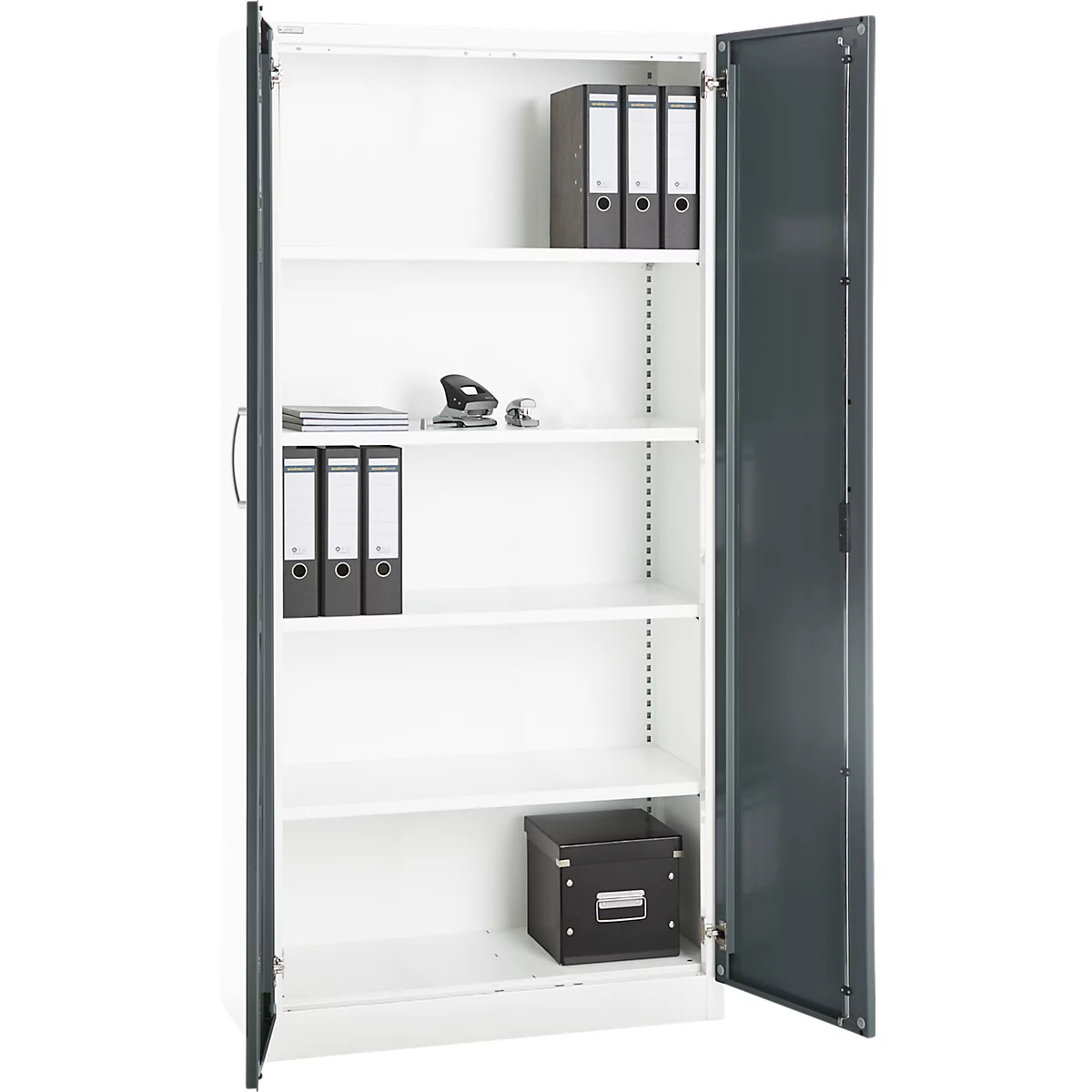 Büroschrank, 5 OH, abschließbar, mit aufliegenden Türen, B 950 mm, Basaltgrau/Verkehrsweiß
