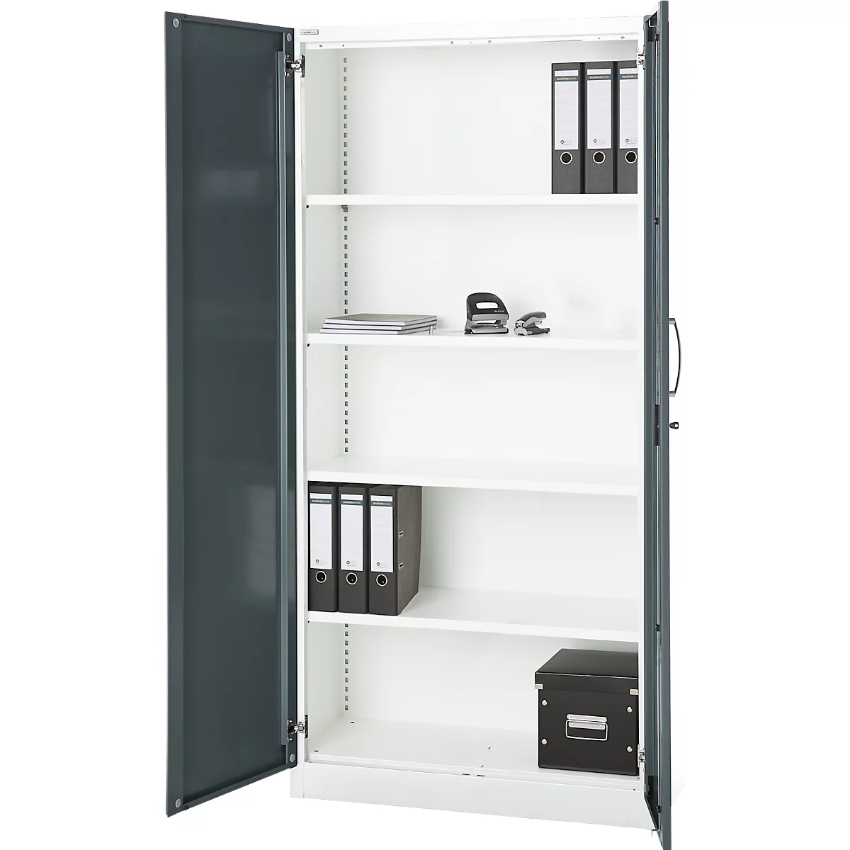 Büroschrank, 5 OH, abschließbar, mit aufliegenden Türen, B 950 mm, Basaltgrau/Verkehrsweiß