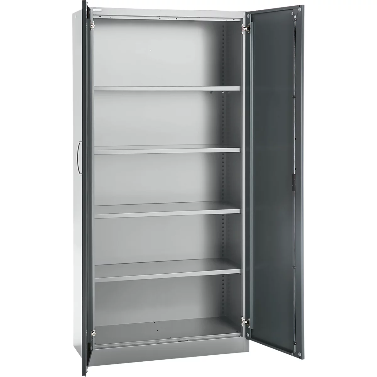 Büroschrank, 5 OH, abschließbar, mit aufliegenden Türen, B 950 mm, Basaltgrau/Weißalu