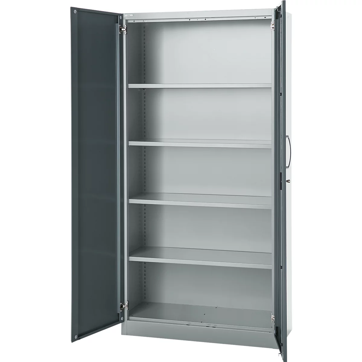 Büroschrank, 5 OH, abschließbar, mit aufliegenden Türen, B 950 mm, Basaltgrau/Weißalu