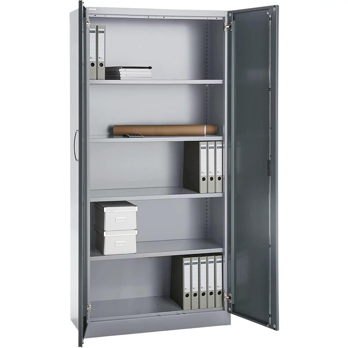 Büroschrank, 5 OH, abschließbar, mit aufliegenden Türen, B 950 mm, Basaltgrau/Weißalu