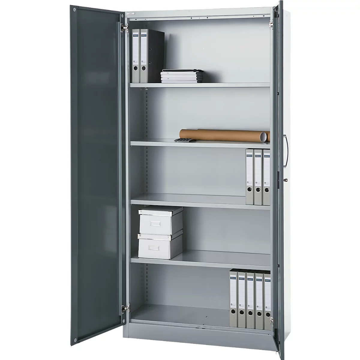 Büroschrank, 5 OH, abschließbar, mit aufliegenden Türen, B 950 mm, Basaltgrau/Weißalu