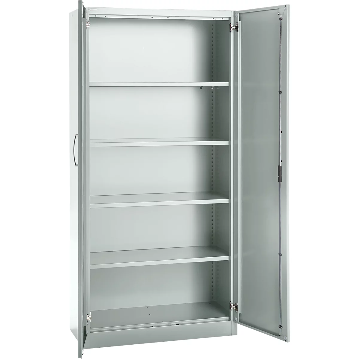 Büroschrank, 5 OH, abschließbar, mit aufliegenden Türen, B 950 mm, Lichtgrau