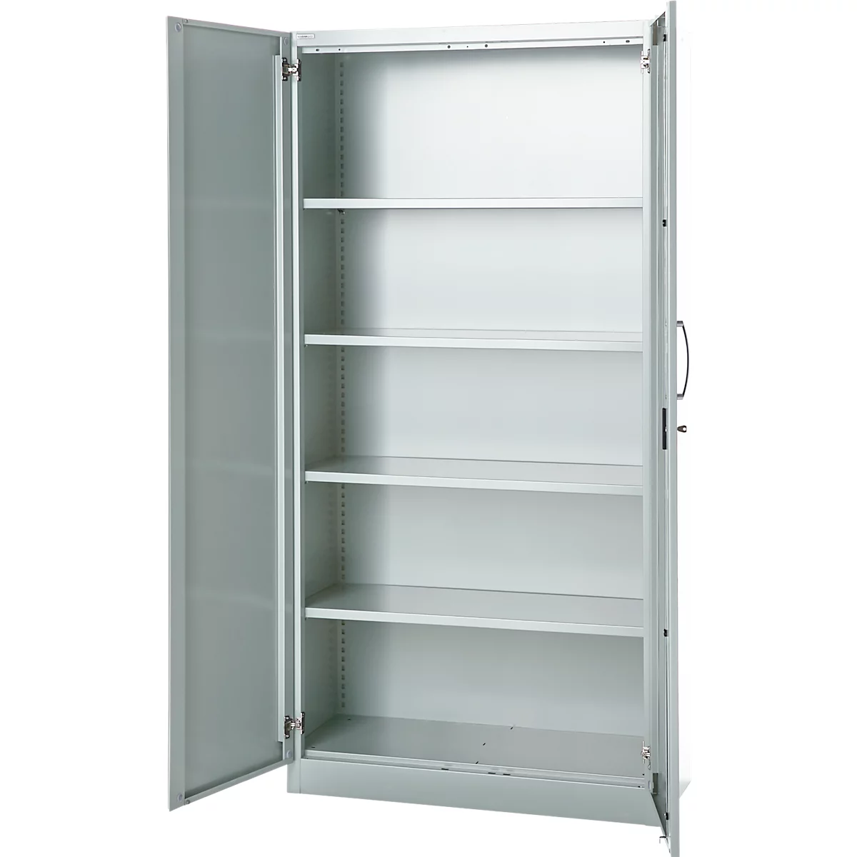 Büroschrank, 5 OH, abschließbar, mit aufliegenden Türen, B 950 mm, Lichtgrau