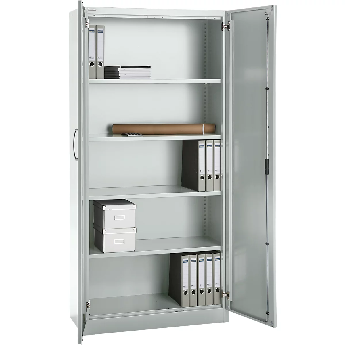 Büroschrank, 5 OH, abschließbar, mit aufliegenden Türen, B 950 mm, Lichtgrau