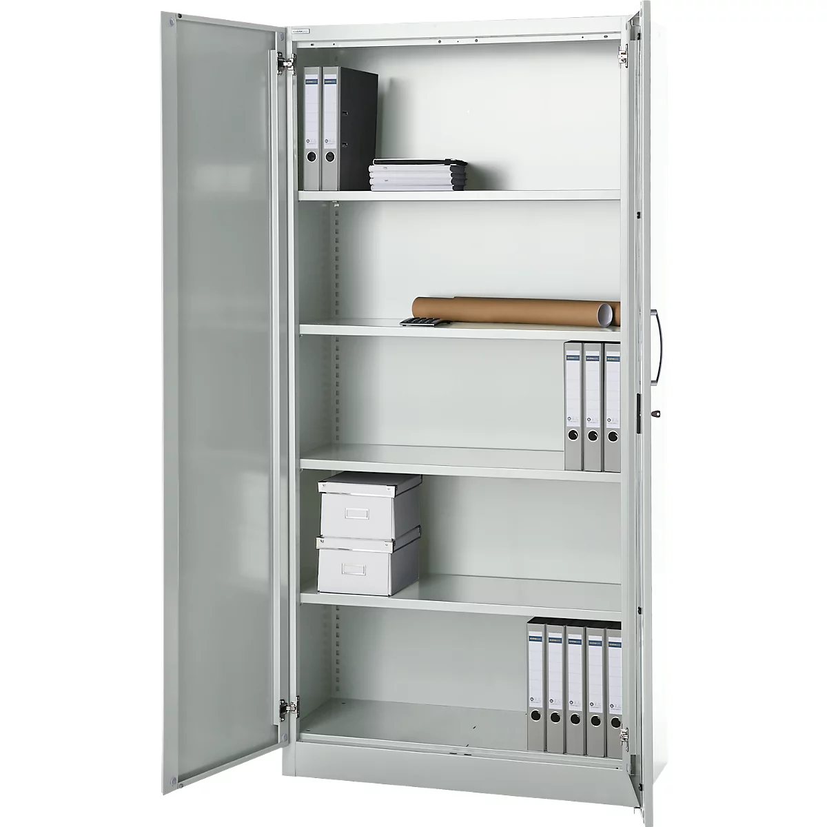 Büroschrank, 5 OH, abschließbar, mit aufliegenden Türen, B 950 mm, Lichtgrau