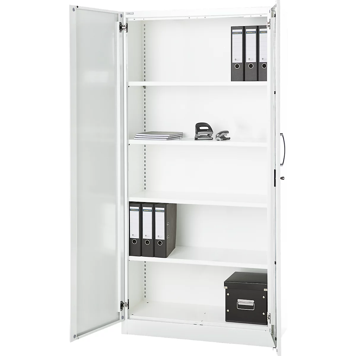 Büroschrank, 5 OH, abschließbar, mit aufliegenden Türen, B 950 mm, Verkehrsweiß