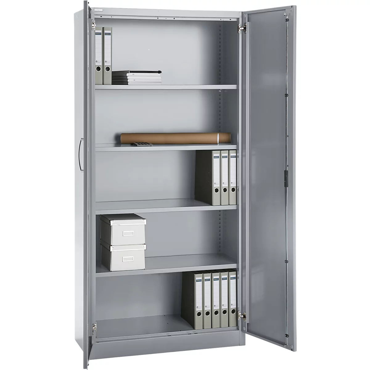 Büroschrank, 5 OH, abschließbar, mit aufliegenden Türen, B 950 mm, Weißalu