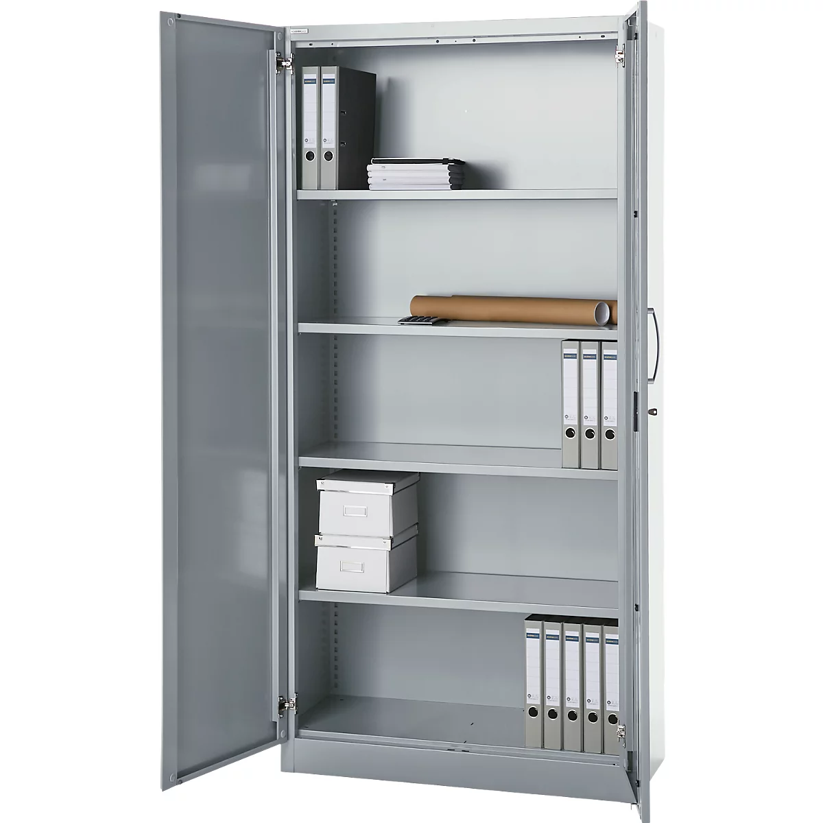 Büroschrank, 5 OH, abschließbar, mit aufliegenden Türen, B 950 mm, Weißalu