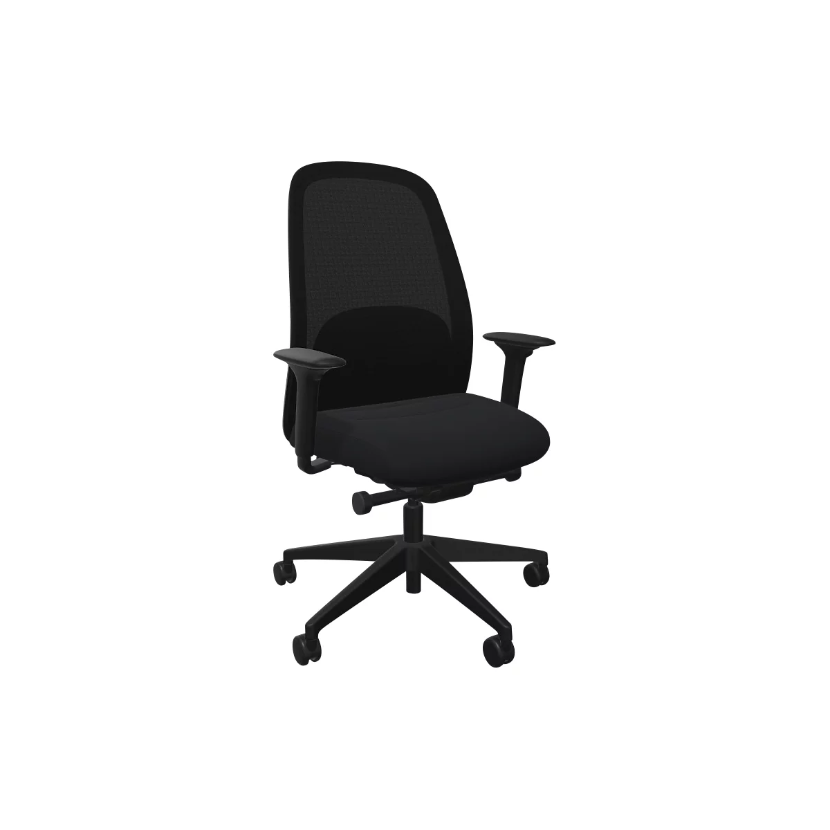 Bürostuhl Interstuhl HEJis3, Synchronmechanik, Armlehnen, FlexGrid-Lordosenstütze, Netzrücken, Flachsitz, schwarz/schwarz