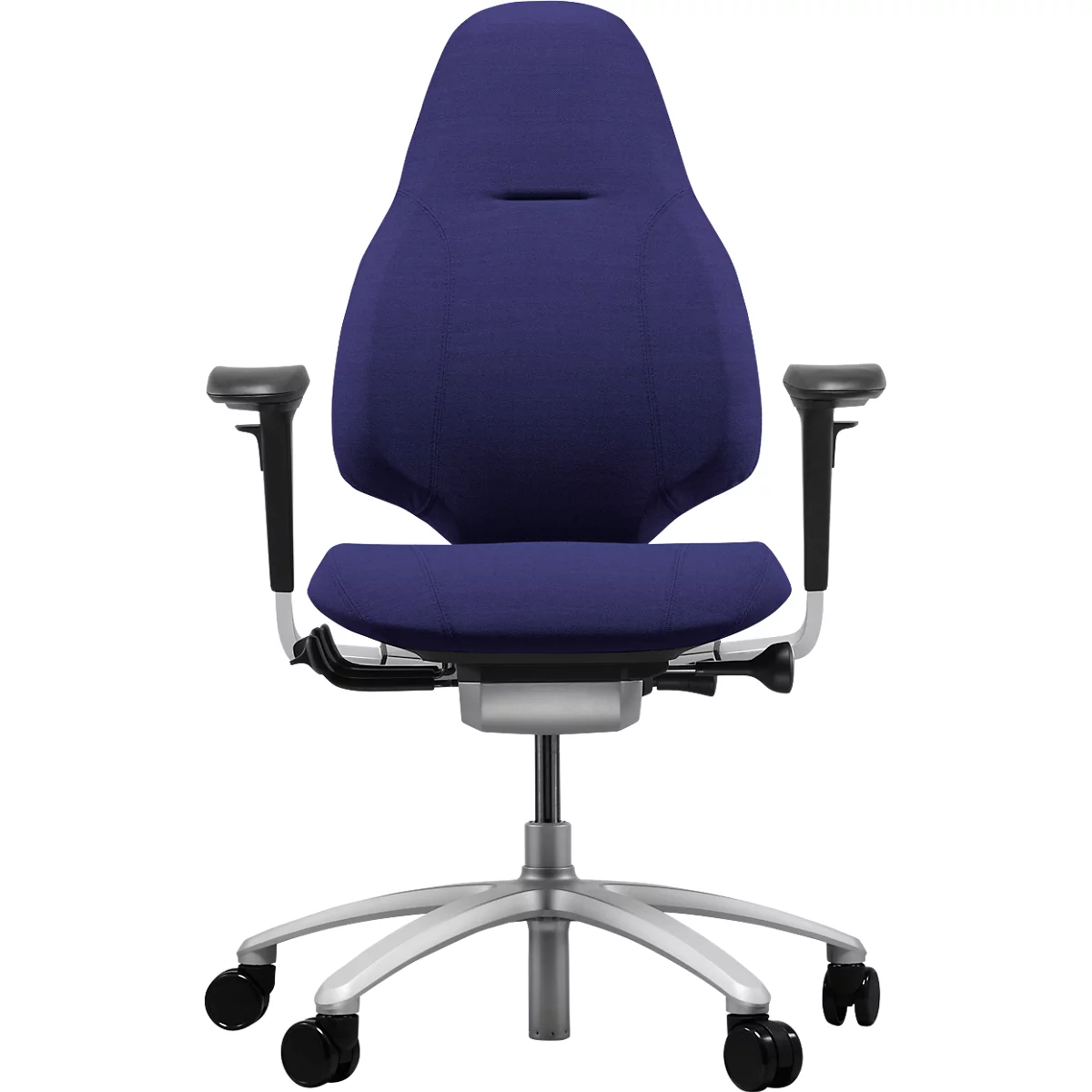 Bürostuhl RH Mereo 220, mit Armlehnen, Synchronmechanik, Flachsitz, Lordosenstütze, blau/silber