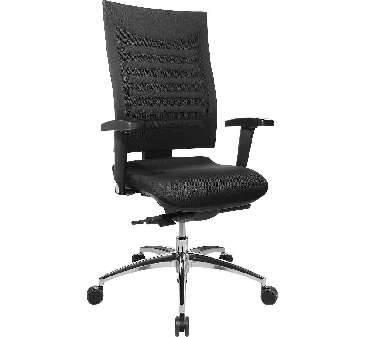 Bürostuhl SSI PROLINE S3, Synchronmechanik, mit Armlehnen, 3D-Netz-Rückenlehne, Bandscheibensitz, schwarz/schwarz
