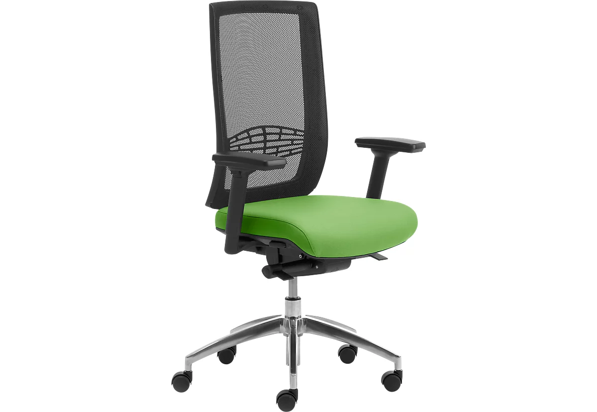 Bürostuhl WIKI, mit Armlehnen, Netz-Rücken, Gestell Aluminium poliert, grün