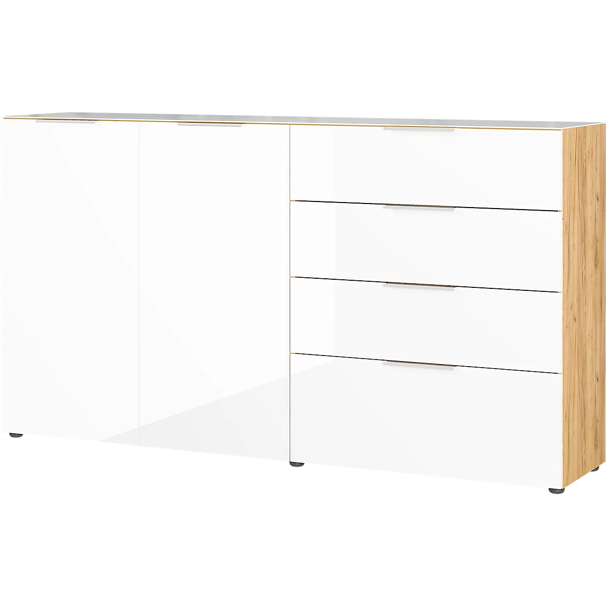 Buffet, avec 4 tiroirs et 2 portes, façade et dessus en verre, L 1840 x P 420 x H 1020 mm, chêne navarra/blanc