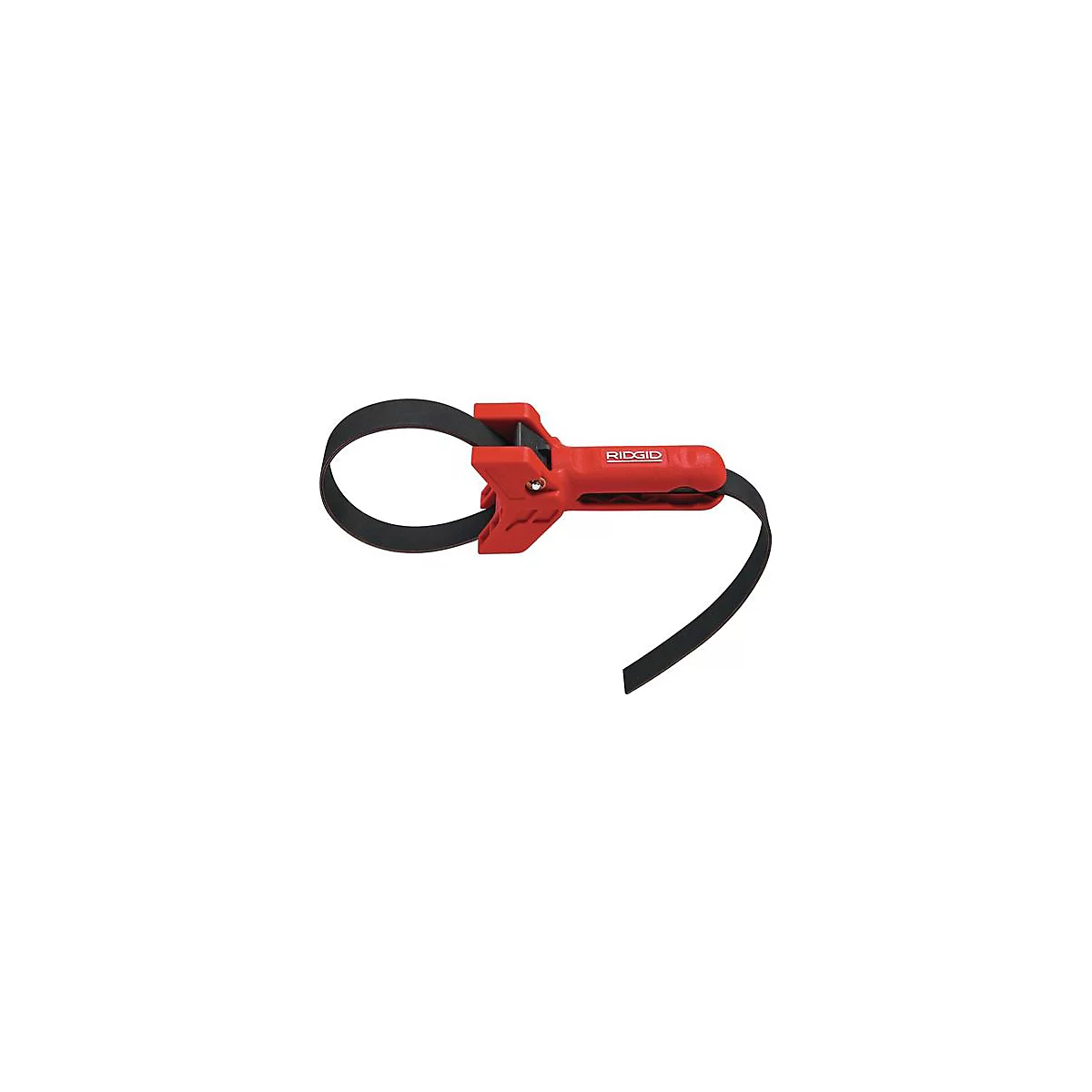 Rood RIDGID gereedschap met zwarte band. Gedrukte merknaam.