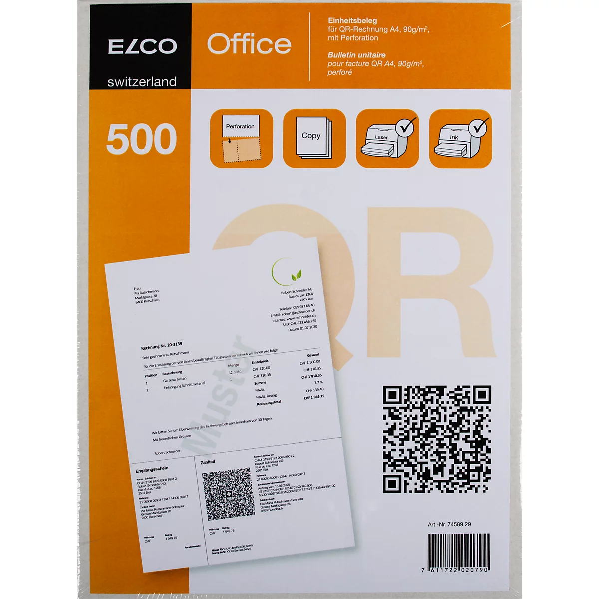 Bulletins de versement ELCO Classic QR, A4, 90 g/m², blanc, certifié FSC®, valable à partir du 01.07.2020, 500 feuilles