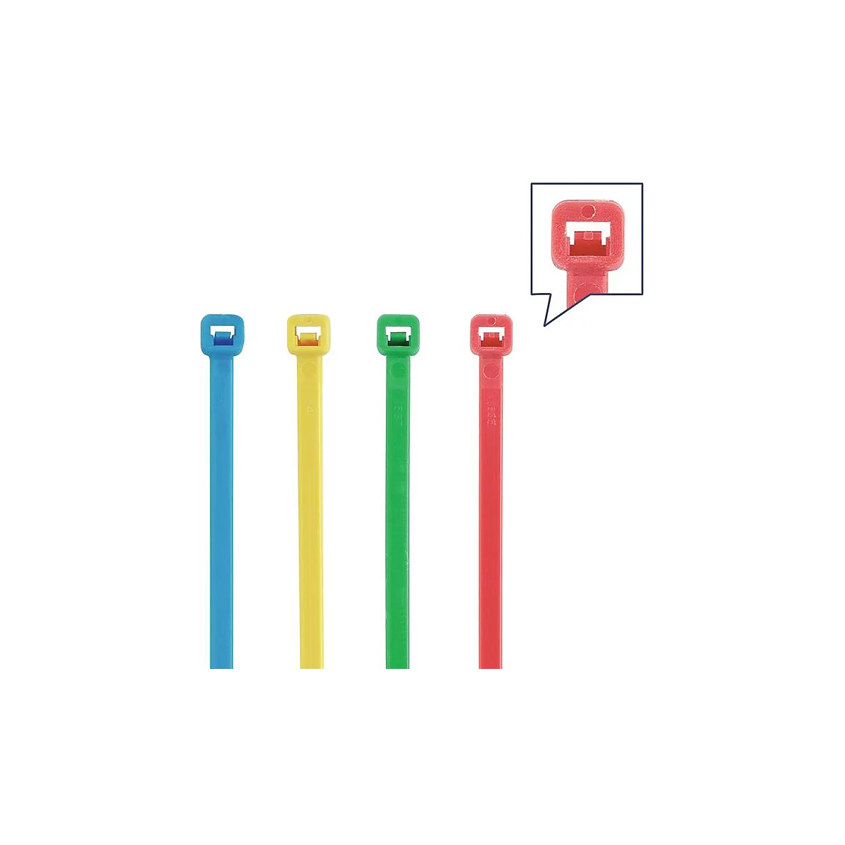 Vier gekleurde kabelbinders: blauw, geel, groen, rood. Detailweergave van de rode sluiting.