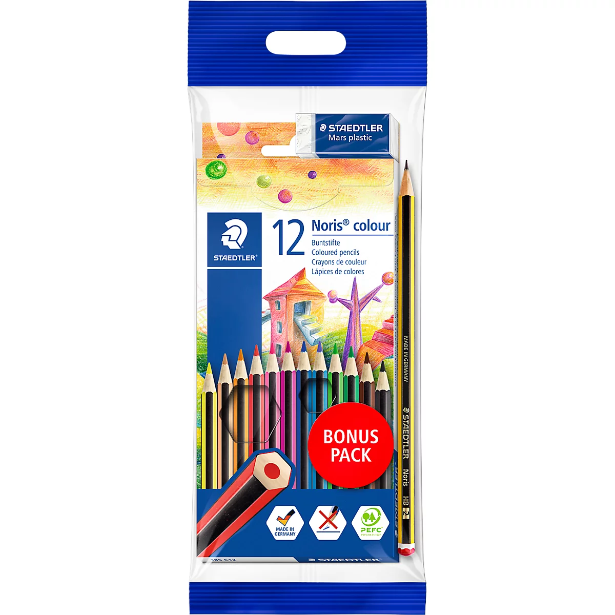 Buntstifte im Plastikbeutel. 12 farbige Noris Colour Stifte von Staedtler. Mit Gummi, rotem Bonus-Pack-Kreis und verschiedenen Symbolen.