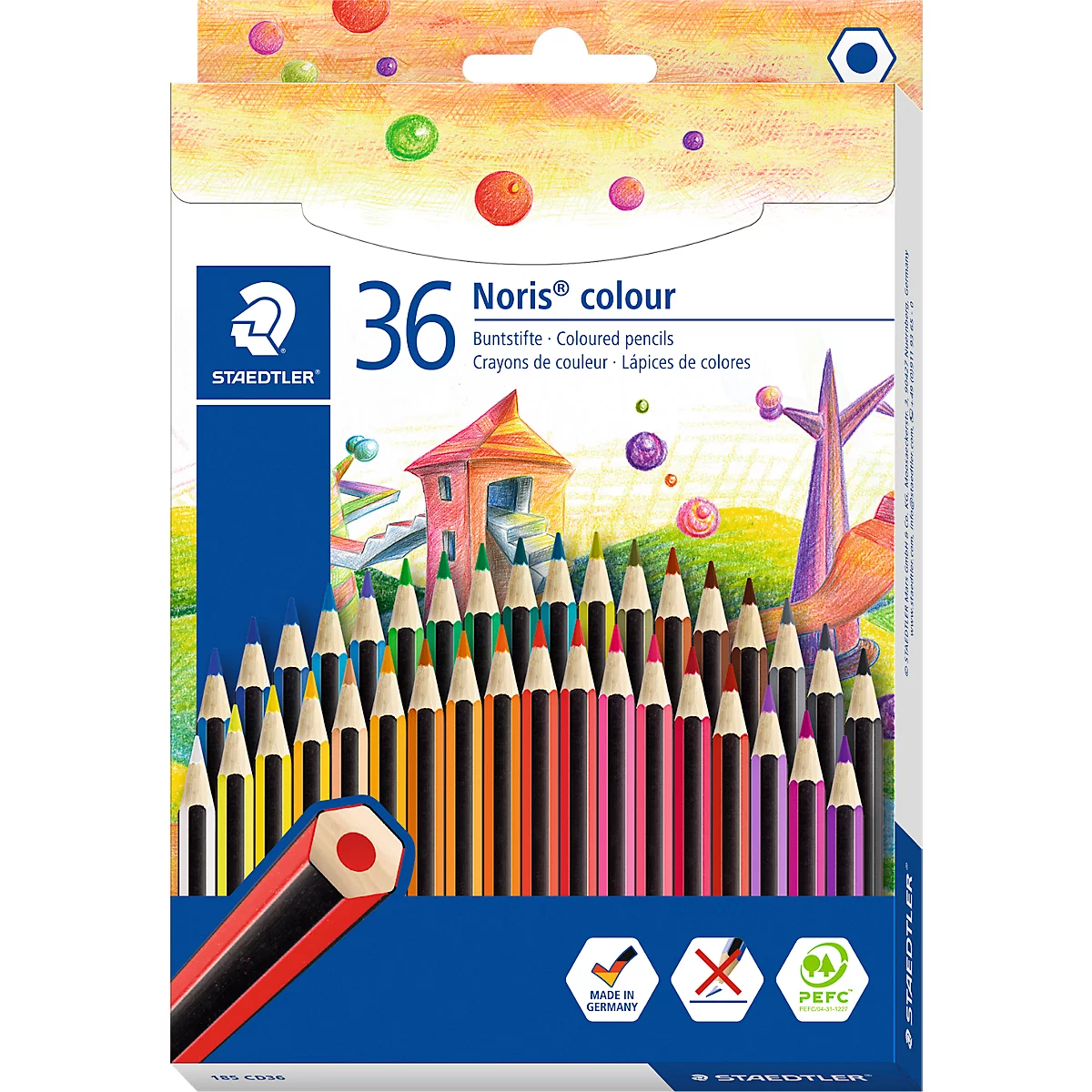 Buntstifte in einer Verpackung, mit einem bunten Cartoon-Hintergrund. Aufgedruckt sind „Noris colour“ und „36“.