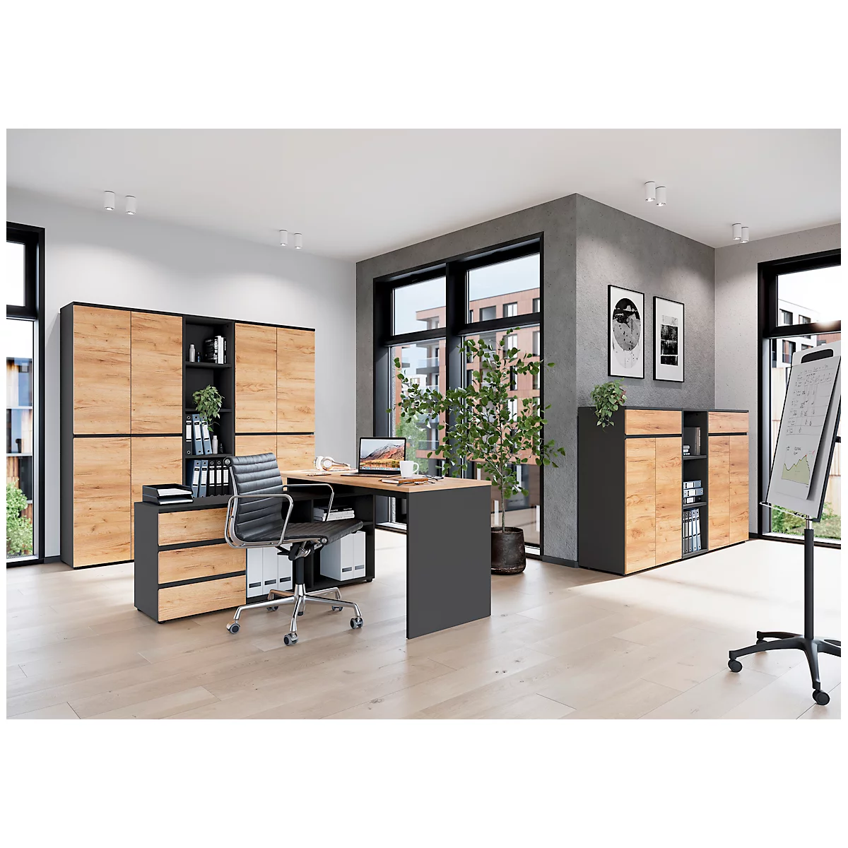 Bureau à joues Boston, avec agenouillement, L 1580 x P 790 x H 750 mm, chêne navarra/graphite